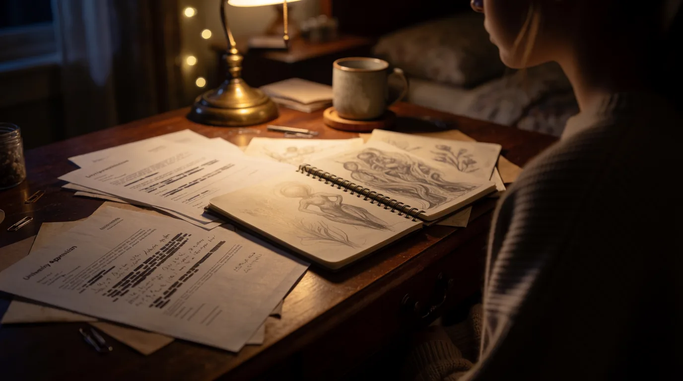 Schreibtisch mit unausgefüllten Bewerbungsunterlagen und einem Skizzenbuch, Nachtstimmung
