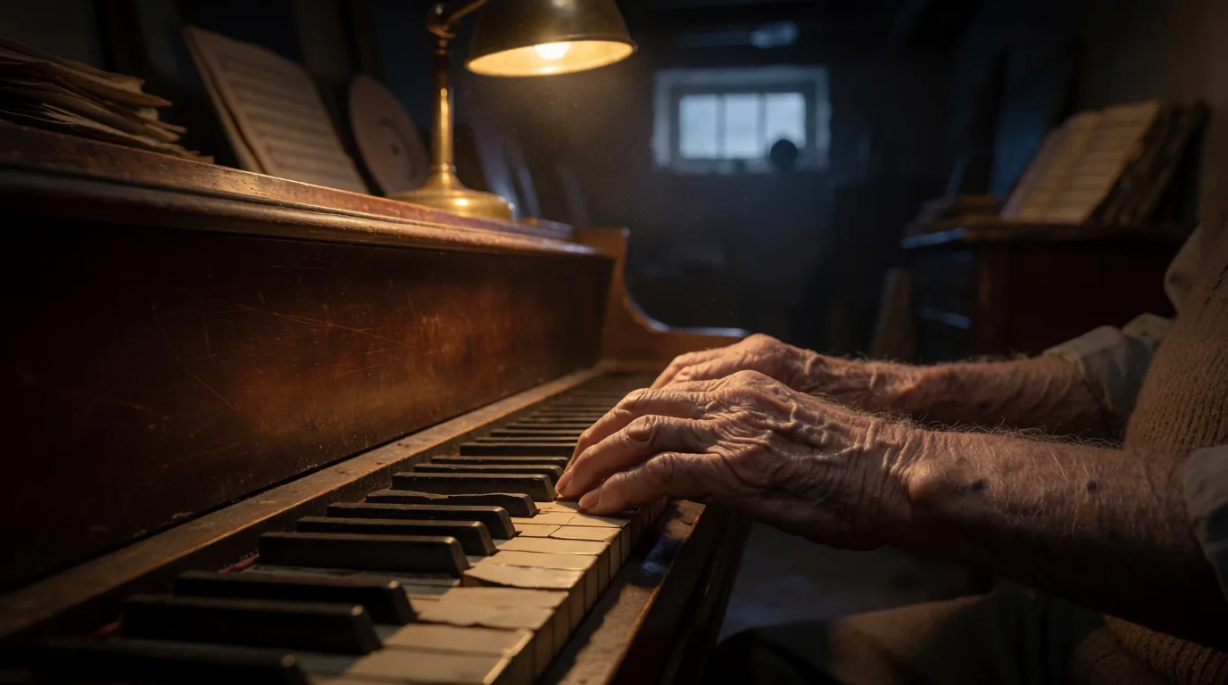 Hände eines älteren Mannes auf einem alten Klavier, Dämmerlicht im Keller