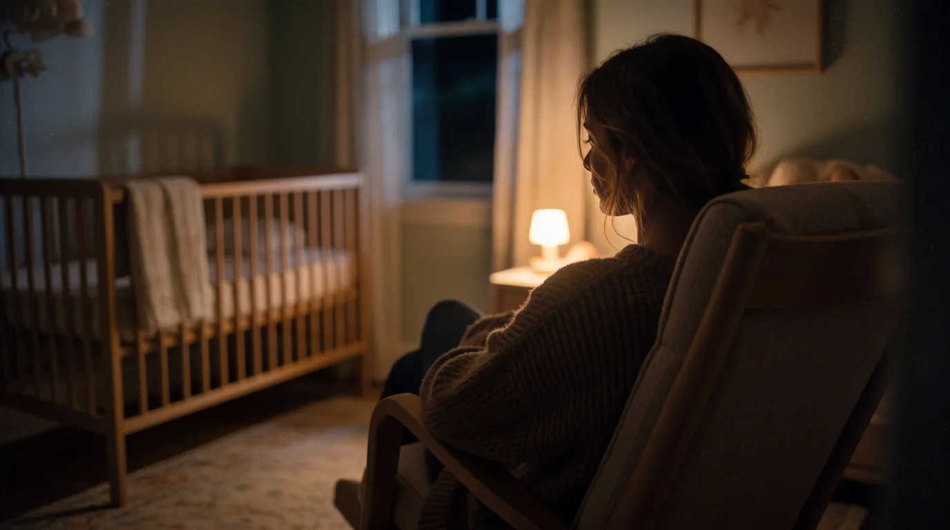 Mutter sitzt nachts neben einem Kinderbett, gedämpftes Licht