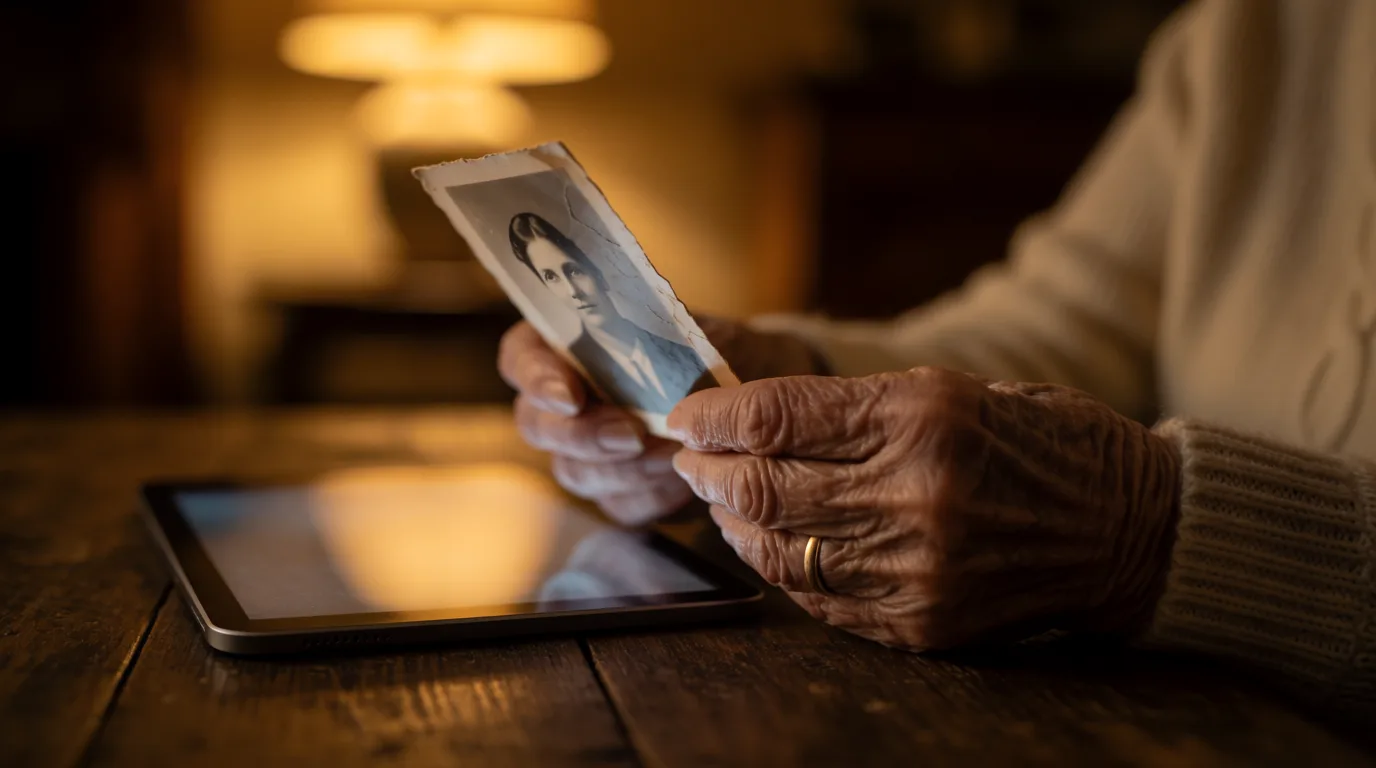 Ältere Frau hält ein altes Foto und ein leuchtendes Tablet in den Händen