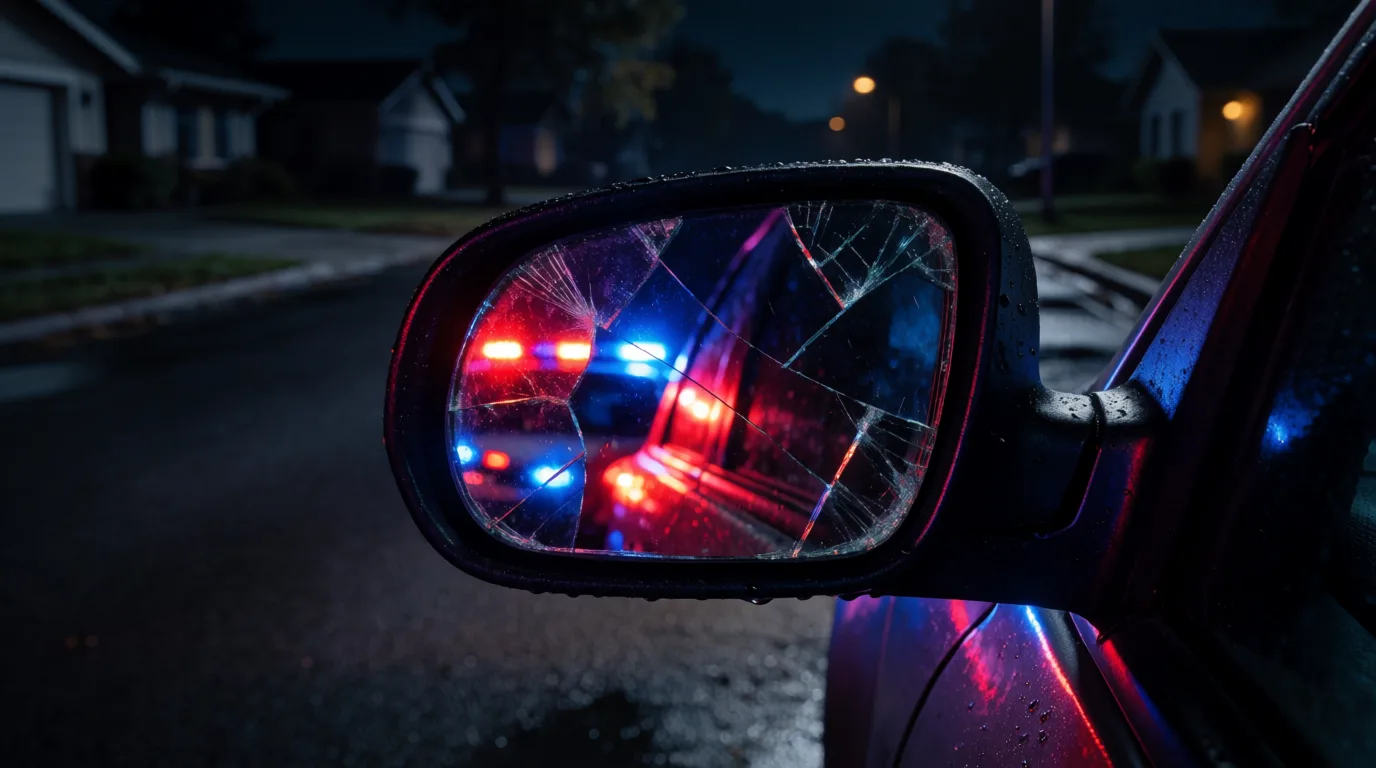Zersplitterter Außenspiegel eines Autos bei Nacht, im Hintergrund Blaulicht