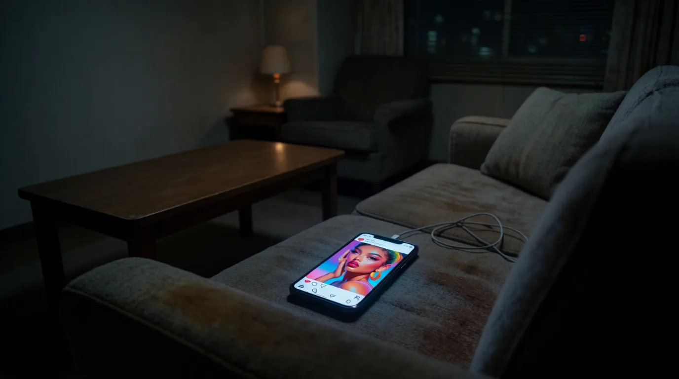 Handy mit einem geschönten Influencer-Foto leuchtet in einem schlichten Wohnzimmer